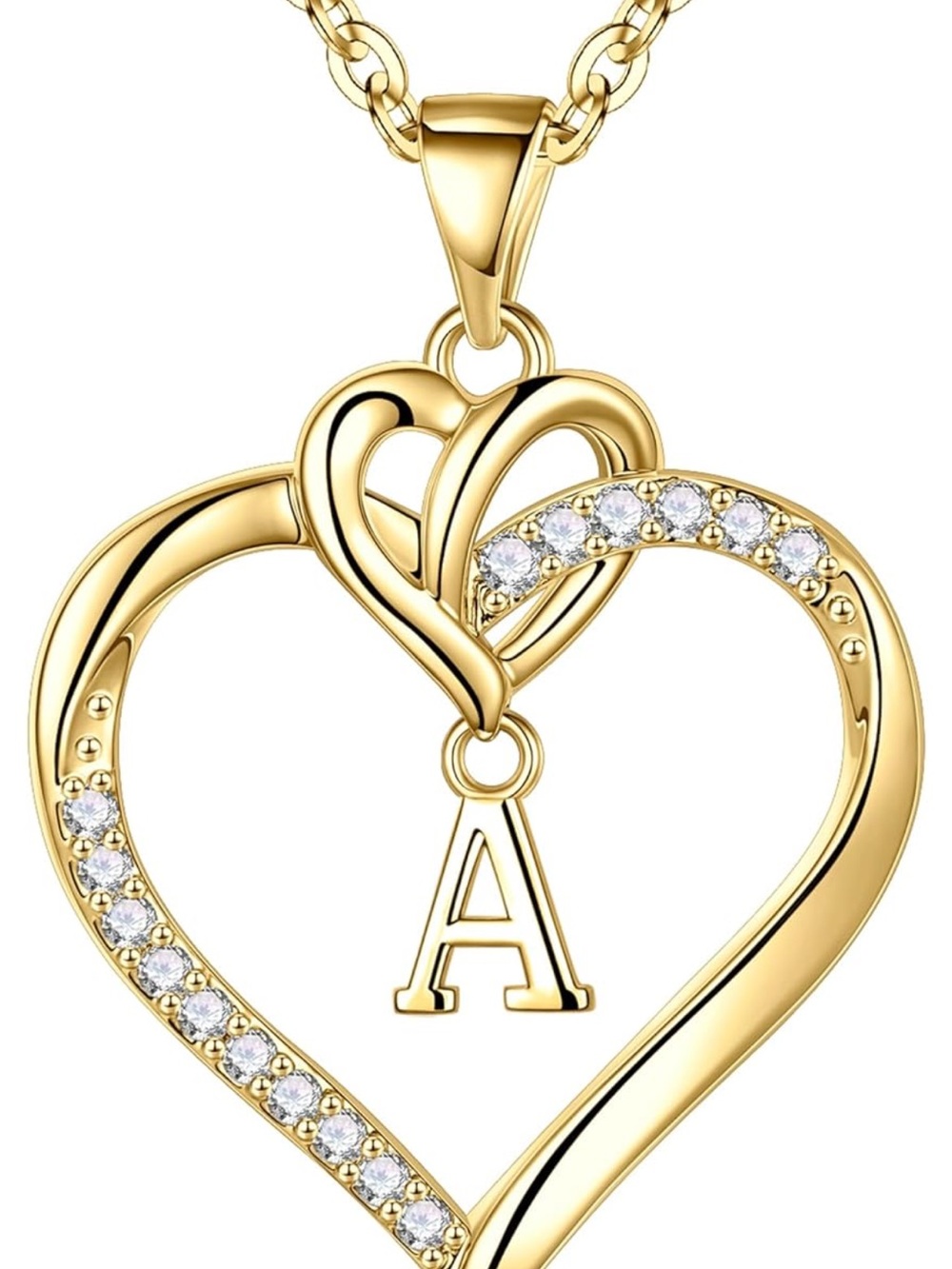Gold Heart Pendant Necklace with A Initial and Crystal Accents